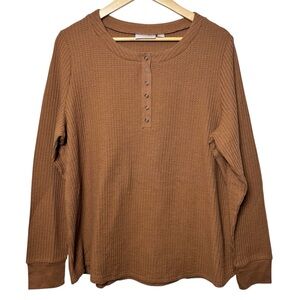 Belle by Kim Gravel Waffle Knit Henley Top 1X Thermal Cognac Brown Preppy